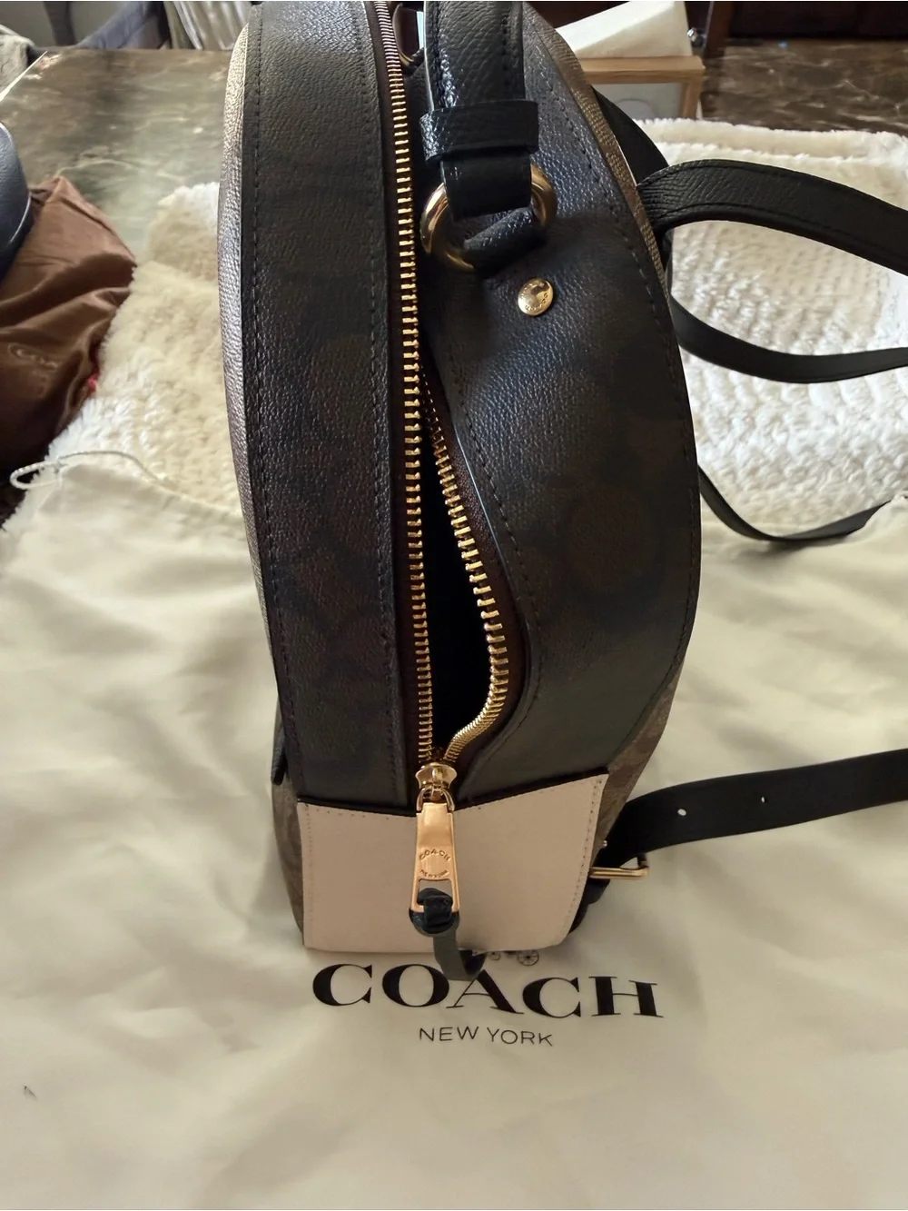 Coach Monogram Mini Backpack in Brown and Black with Cream Accent